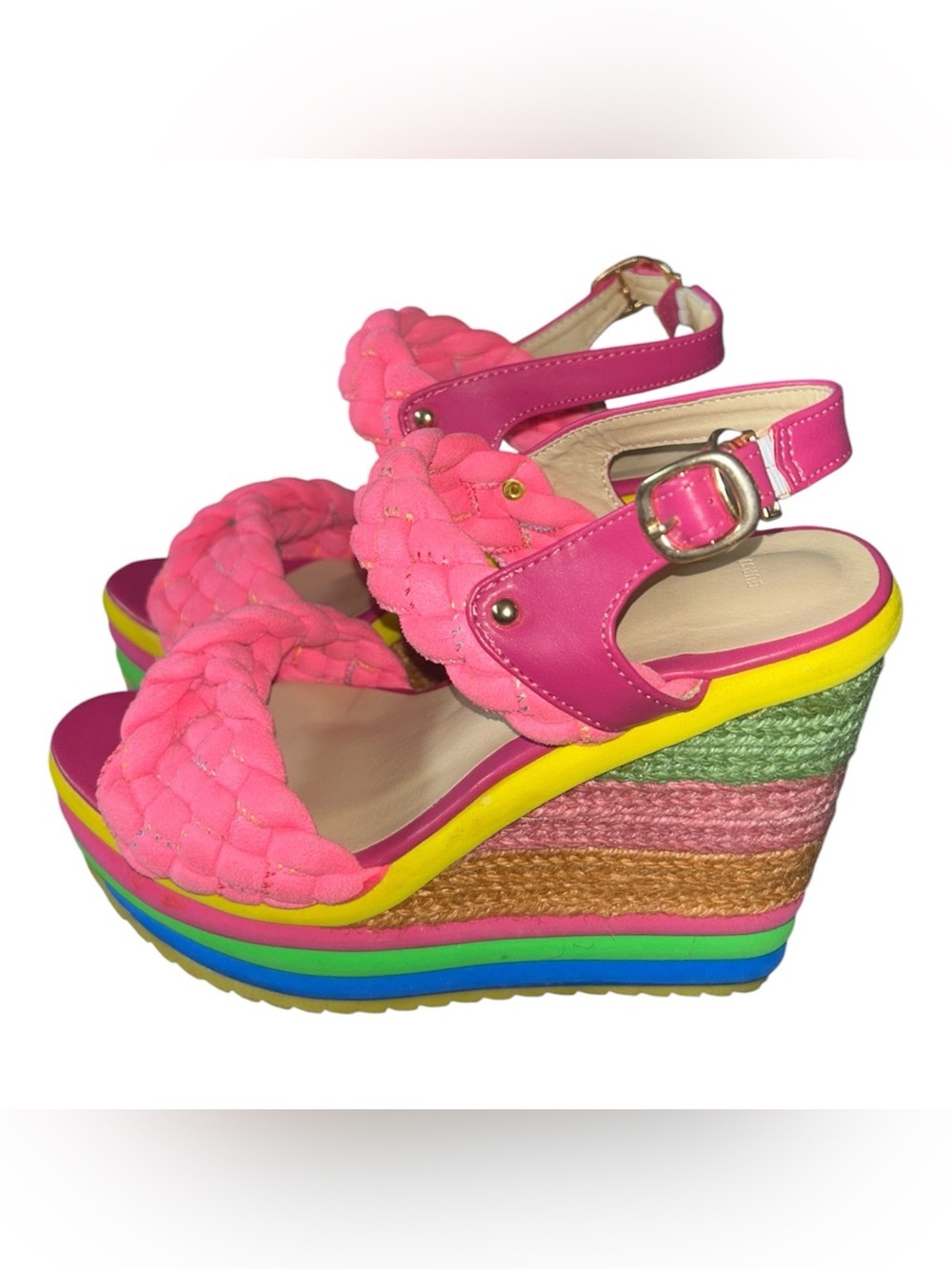 Bright Pink Braided Platform Wedge Sandals - Women